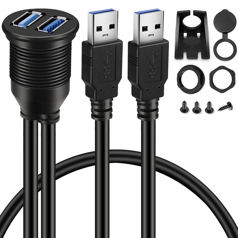 BATIGE 2 Ports Dual USB 3.0 Male to USB 3.0 Female AUX Flush Mount Car Mount Extension Cable for Car Truck Boat Motorcycle Dashboard Panel -6ft - Image 1